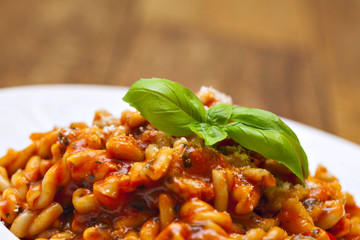 Gemelli pasta with homemade tomato and zucchini sauce