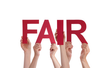 Many People Hands Holding Red Straight Word Fair