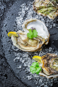 Tasty oysters on crushed ice with lemon