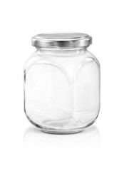 Clear glass bottle with silver cap isolated on white background
