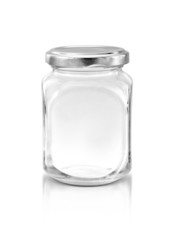Clear glass bottle with silver cap isolated on white background