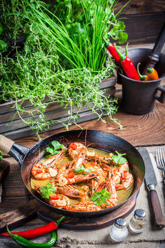 Tasty shrimps with garlic and red peppers