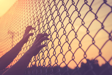 Hand holding on chain link fence