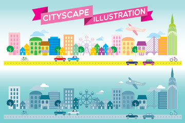 Naklejka premium Colorful and monotone cityscape icon flat style vector