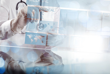 Medicine doctor hand working with modern computer interface as m