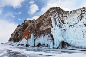 Lake Baikal in winter. Icy cliffs of the island Ogoy