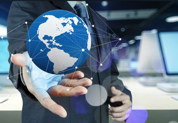 Double exposure of businessman working with new modern computer