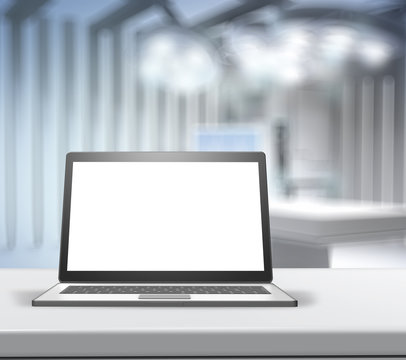 3d Laptop computer with blank screen on blurred background for m