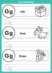 Alphabet a-z exercise with cartoon vocabulary for coloring book