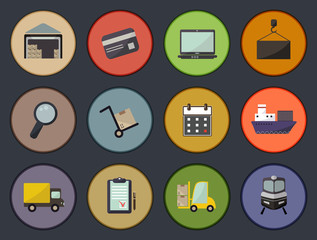 Warehouse transportation and delivery icons flat set