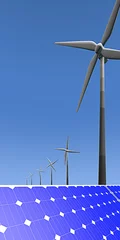 Tapeten Verticale afbeelding windmolen en pv panelen © emieldelange