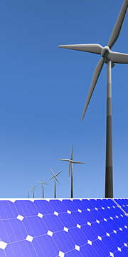 Verticale afbeelding windmolen en pv panelen