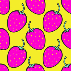 Pink and yellow background with strawberry. Vector seamless pattern
