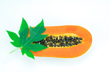 Haft cut papaya fruit and papaya leaf