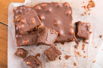 Chocolate cake (fudge) with  hazelnuts