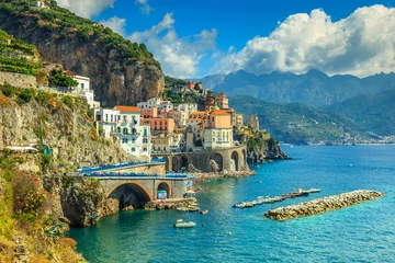 Tableaux sur verre Plage de Positano, côte amalfitaine, Italie Vue panoramique d& 39 Amalfi, plage et port, Italie, Europe