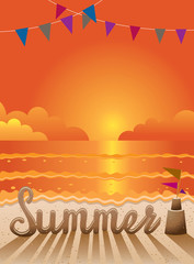 Summer Text made from Sand on the Beach at Sunset