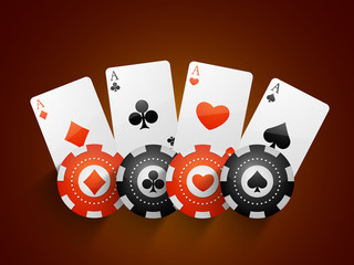 Casino chips with ace playing cards on brown background.