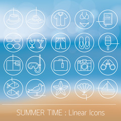 Summer Objects Linear Icons Set on Blur Background