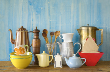 Various vintage kitchenware, free copy space