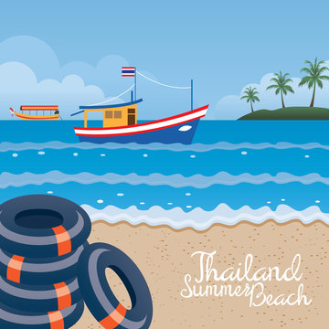 Thailand Summer Beach with Swim Ring, Boat and Island