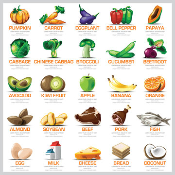 Ingredients Icons Set Vegetable Fruit And Meat For Nutrition Foo