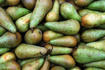 Green pears at a famers market in Vilnius city