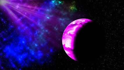Purple light andt planet in space,