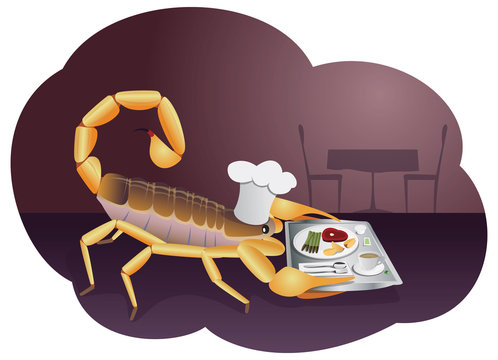 Scorpion waiter is carrying a tray with food and drink