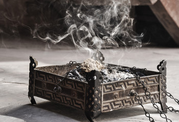 carved incense box in indian monastery