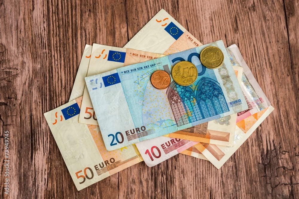 Poster Euro banknotes and euro coins