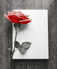 Pink rose flower and book on the wood