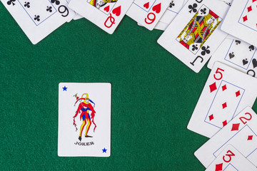 Scattered playing cards with the joker