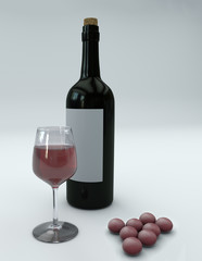 Bottiglia di vino e bicchiere con acini d'uva