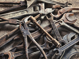 set of old dirty tools in vintage style