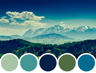 Color Palette Of Mountain Landscape And Blue Sky With Clouds