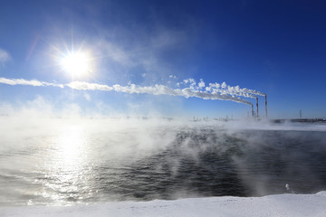 Hydroelectric power plant in winter