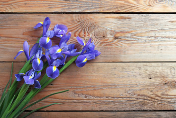 Blue flowers on an old wooden background