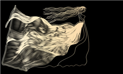 girl in the dress of abstract waves on a black background