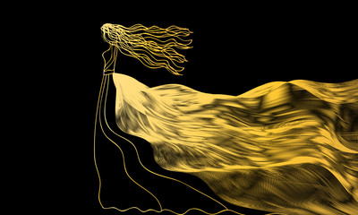 girl in a golden dress of abstract waves on a black background