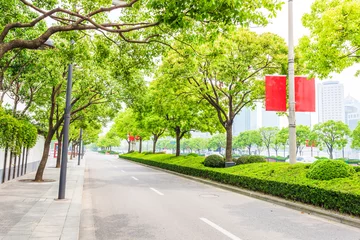 Zelfklevend Fotobehang Trees decorated road in modern city © zhu difeng
