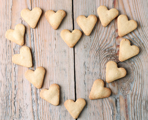 Heart shaped cookies on a wooden table for Valentine's day