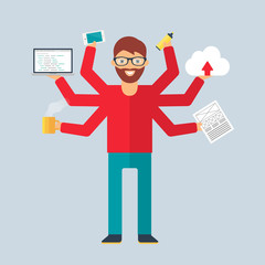 Multitasking character: programmer. Flat style, vector illustrat