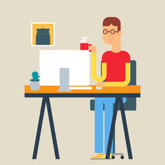 Vector illustration of a man sitting at the table in the office.