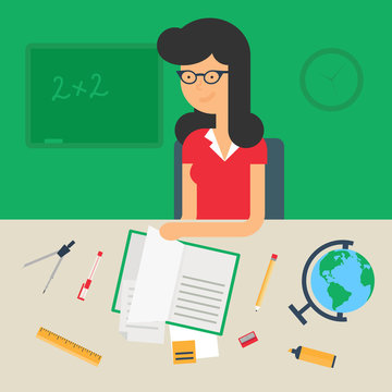 Illustration of a teacher sitting at the table, flat style