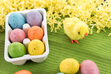 colored Easter eggs and yellow chick
