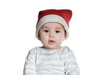Caucasian baby boy in Christmas hat isolated