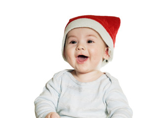 Caucasian baby boy in Christmas hat isolated