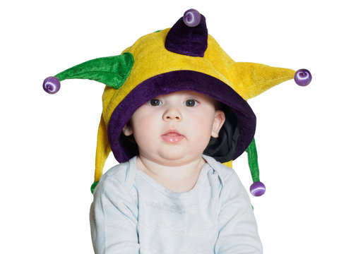 Caucasian Baby Boy Wearing A Colored Party Hat Isolated