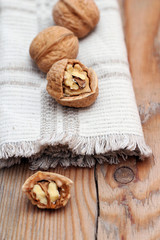 Walnuts and napkin on a table